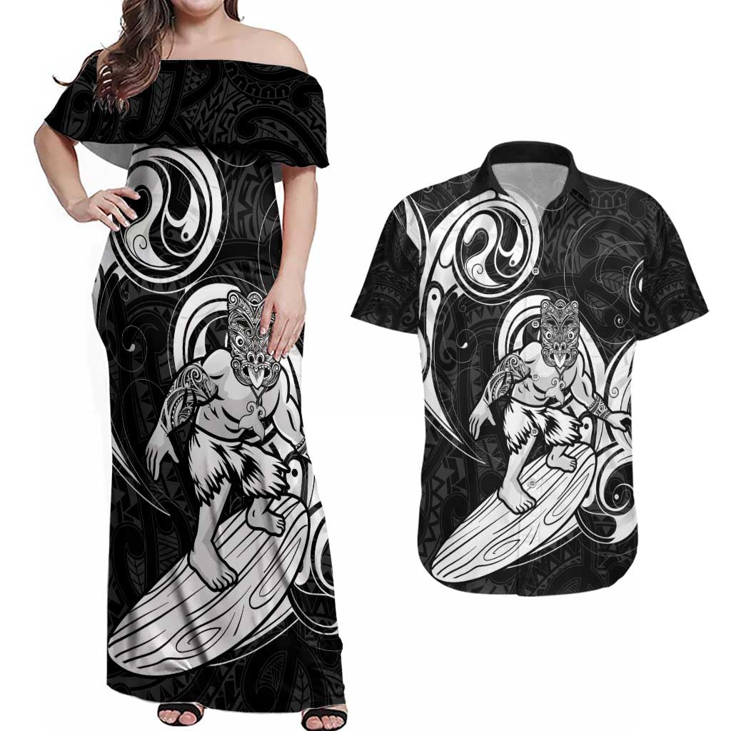 Personalised New Zealand Surfing Couples Matching Off Shoulder Maxi Dress and Hawaiian Shirt Aotearoa Maori Tiki Haka