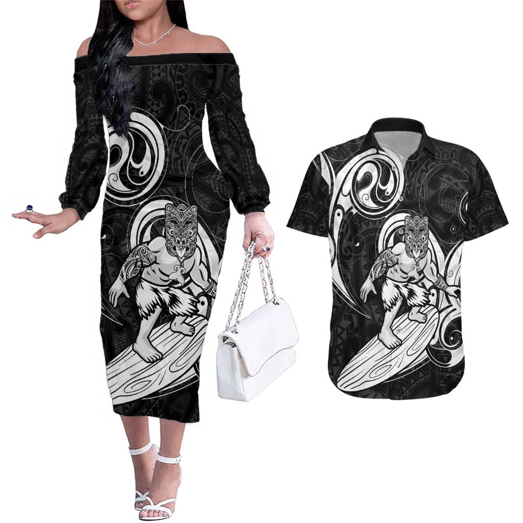 Personalised New Zealand Surfing Couples Matching Off The Shoulder Long Sleeve Dress and Hawaiian Shirt Aotearoa Maori Tiki Haka LT14 Black - Polynesian Pride