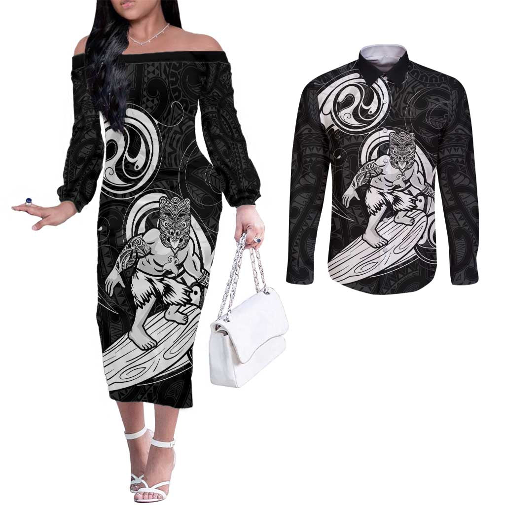 Personalised New Zealand Surfing Couples Matching Off The Shoulder Long Sleeve Dress and Long Sleeve Button Shirt Aotearoa Maori Tiki Haka LT14 Black - Polynesian Pride