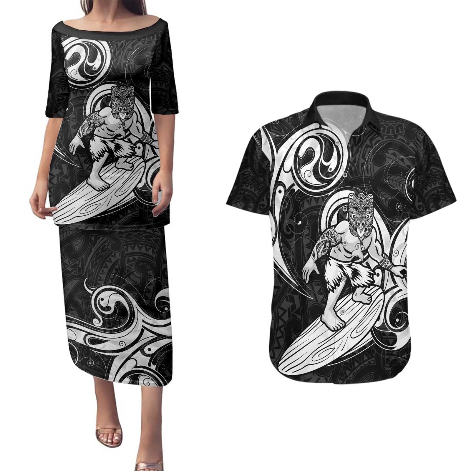 Personalised New Zealand Surfing Couples Matching Puletasi and Hawaiian Shirt Aotearoa Maori Tiki Haka LT14 Black - Polynesian Pride