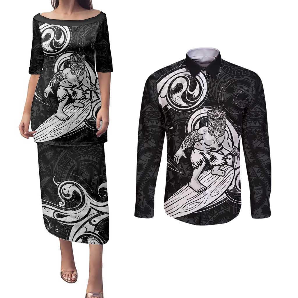 Personalised New Zealand Surfing Couples Matching Puletasi and Long Sleeve Button Shirt Aotearoa Maori Tiki Haka LT14 Black - Polynesian Pride