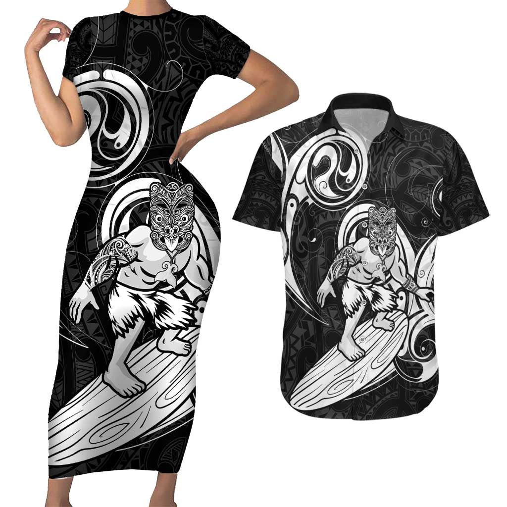 Personalised New Zealand Surfing Couples Matching Short Sleeve Bodycon Dress and Hawaiian Shirt Aotearoa Maori Tiki Haka LT14 Black - Polynesian Pride