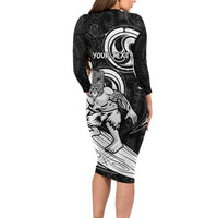 Personalised New Zealand Surfing Long Sleeve Bodycon Dress Aotearoa Maori Tiki Haka