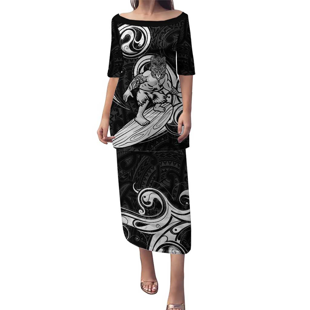 Personalised New Zealand Surfing Puletasi Aotearoa Maori Tiki Haka LT14 Long Dress Black - Polynesian Pride