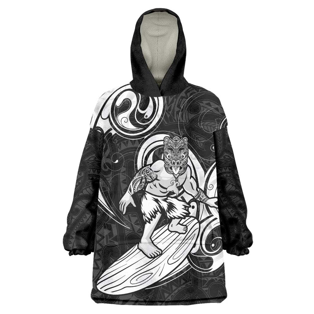 Personalised New Zealand Surfing Wearable Blanket Hoodie Aotearoa Maori Tiki Haka LT14 One Size Black - Polynesian Pride