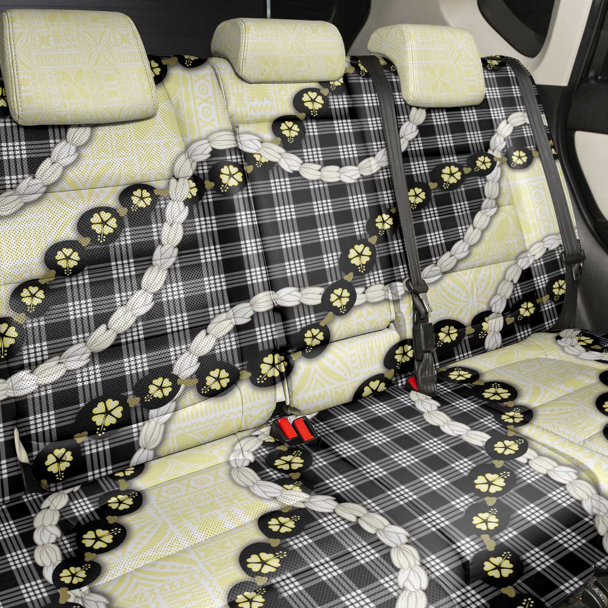 Black Palaka Hawaii Back Car Seat Cover Kukui Nut Pikake Lei Hawaiian Tapa Pattern - Polynesian Pride