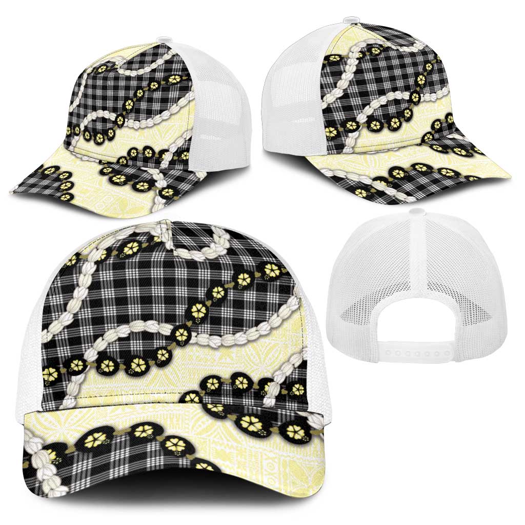 Black Palaka Hawaii Baseball Net Cap Kukui Nut Pikake Lei Hawaiian Tapa Pattern - Polynesian Pride