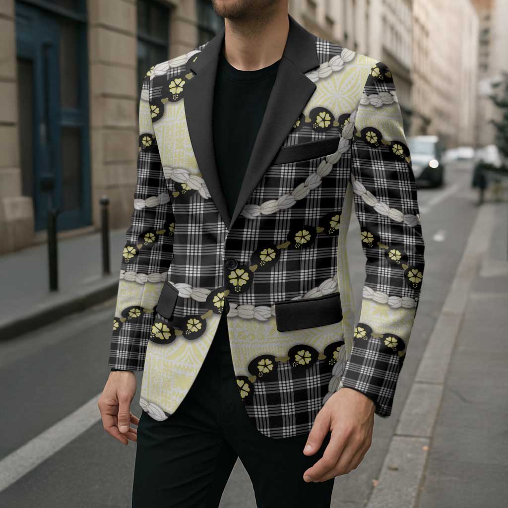 Black Palaka Hawaii Blazer Kukui Nut Pikake Lei Hawaiian Tapa Pattern - Polynesian Pride