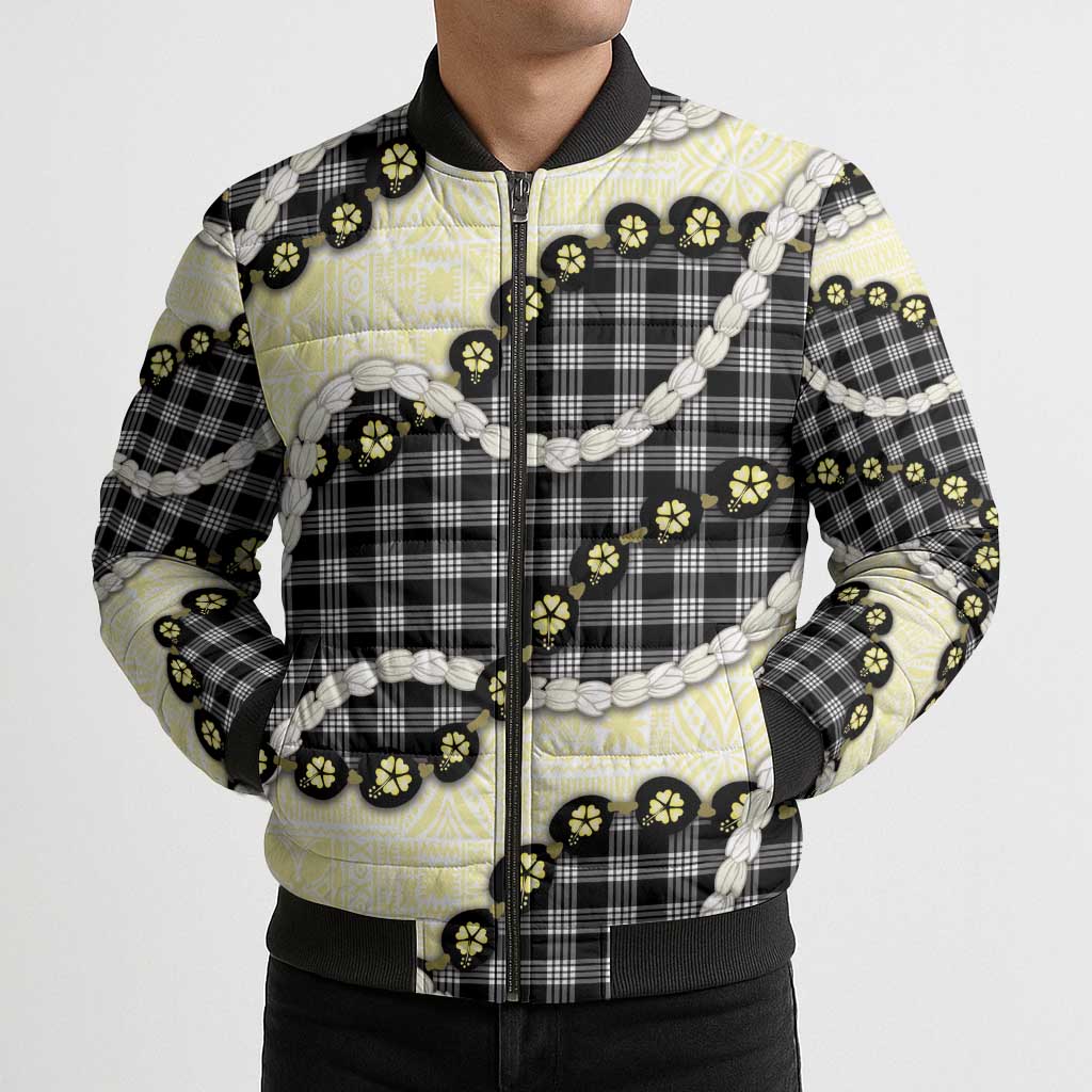 Black Palaka Hawaii Bomber Puffer Jacket Kukui Nut Pikake Lei Hawaiian Tapa Pattern LT14 - Polynesian Pride