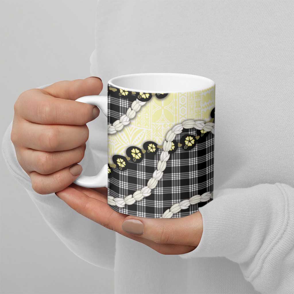 Black Palaka Hawaii Ceramic Mug Kukui Nut Pikake Lei Hawaiian Tapa Pattern - Polynesian Pride
