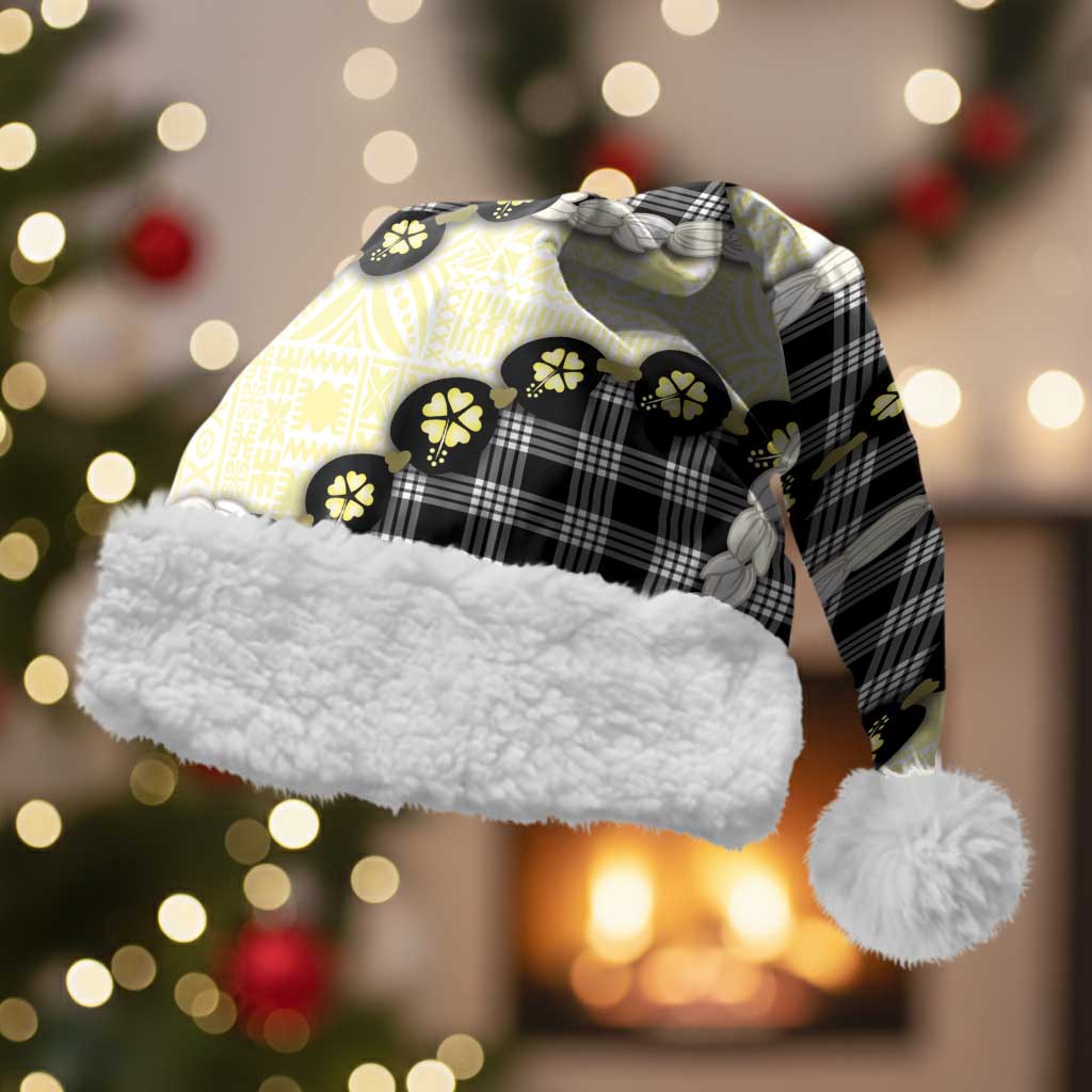 Black Palaka Hawaii Christmas Santa Hat Kukui Nut Pikake Lei Hawaiian Tapa Pattern - Polynesian Pride