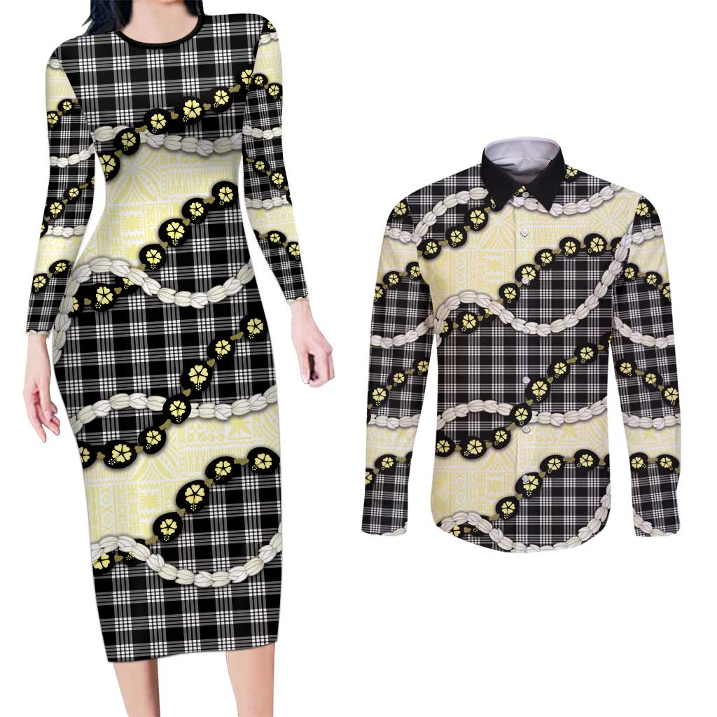 Black Palaka Hawaii Couples Matching Long Sleeve Bodycon Dress and Long Sleeve Button Shirt Kukui Nut Pikake Lei Hawaiian Tapa Pattern - Polynesian Pride