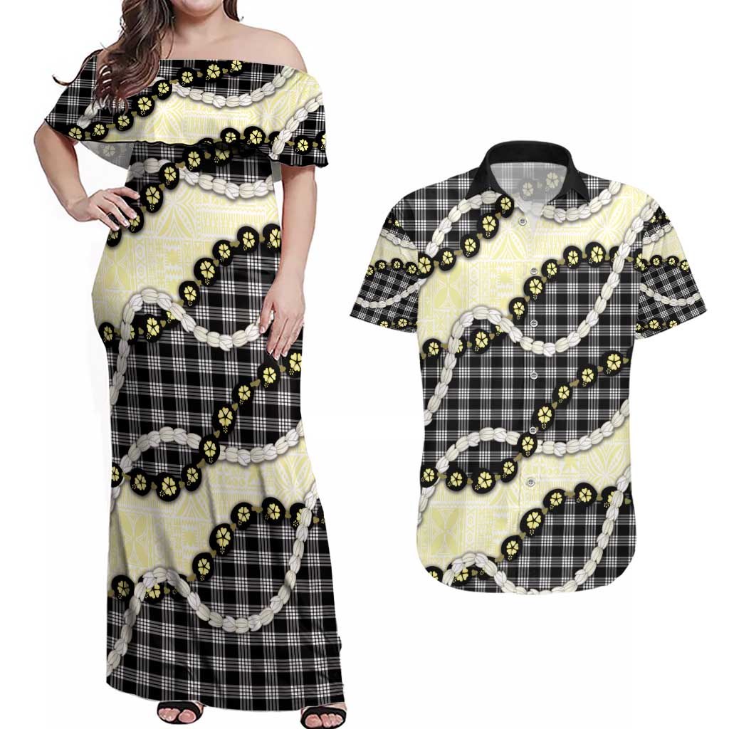 Black Palaka Hawaii Couples Matching Off Shoulder Maxi Dress and Hawaiian Shirt Kukui Nut Pikake Lei Hawaiian Tapa Pattern - Polynesian Pride