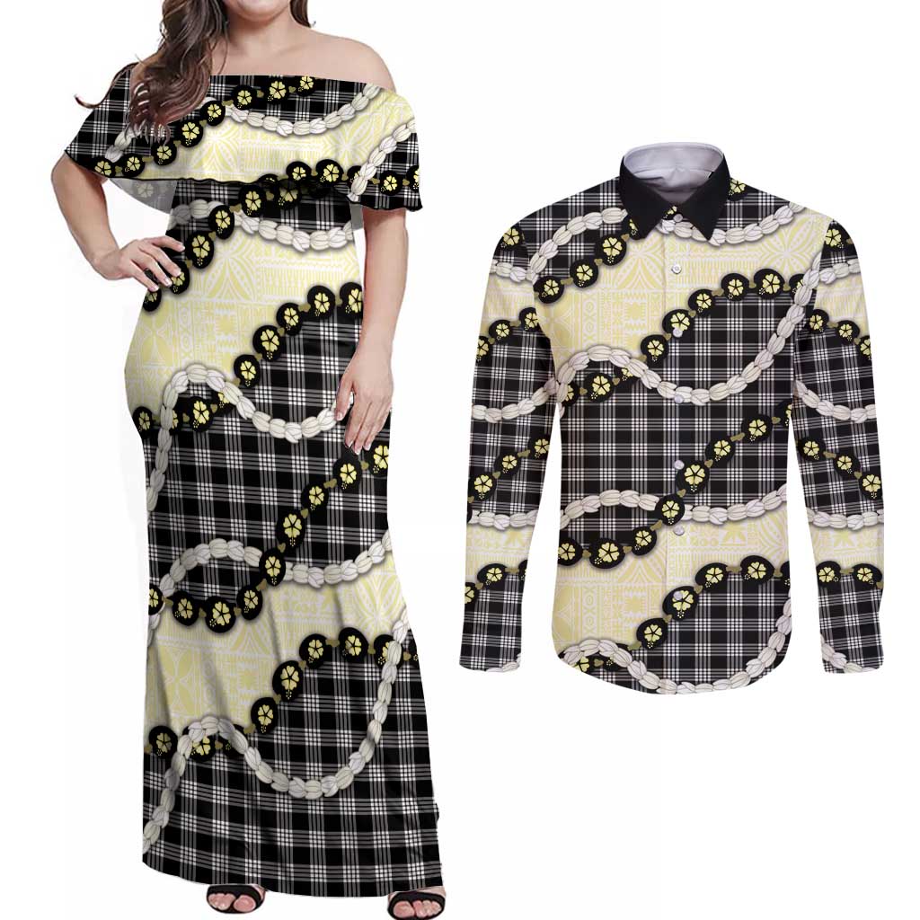Black Palaka Hawaii Couples Matching Off Shoulder Maxi Dress and Long Sleeve Button Shirt Kukui Nut Pikake Lei Hawaiian Tapa Pattern - Polynesian Pride