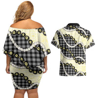 Black Palaka Hawaii Couples Matching Off Shoulder Short Dress and Hawaiian Shirt Kukui Nut Pikake Lei Hawaiian Tapa Pattern - Polynesian Pride
