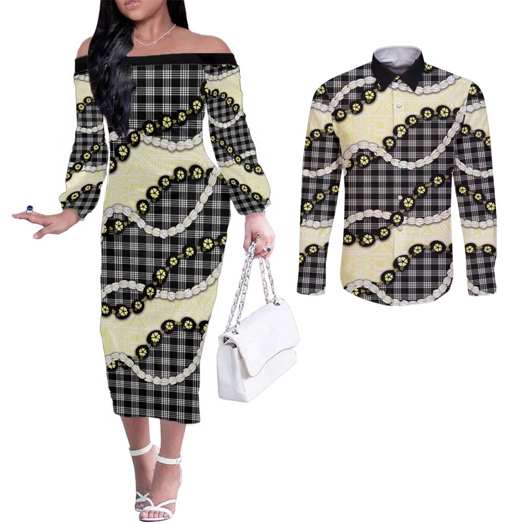 Black Palaka Hawaii Couples Matching Off The Shoulder Long Sleeve Dress and Long Sleeve Button Shirt Kukui Nut Pikake Lei Hawaiian Tapa Pattern - Polynesian Pride