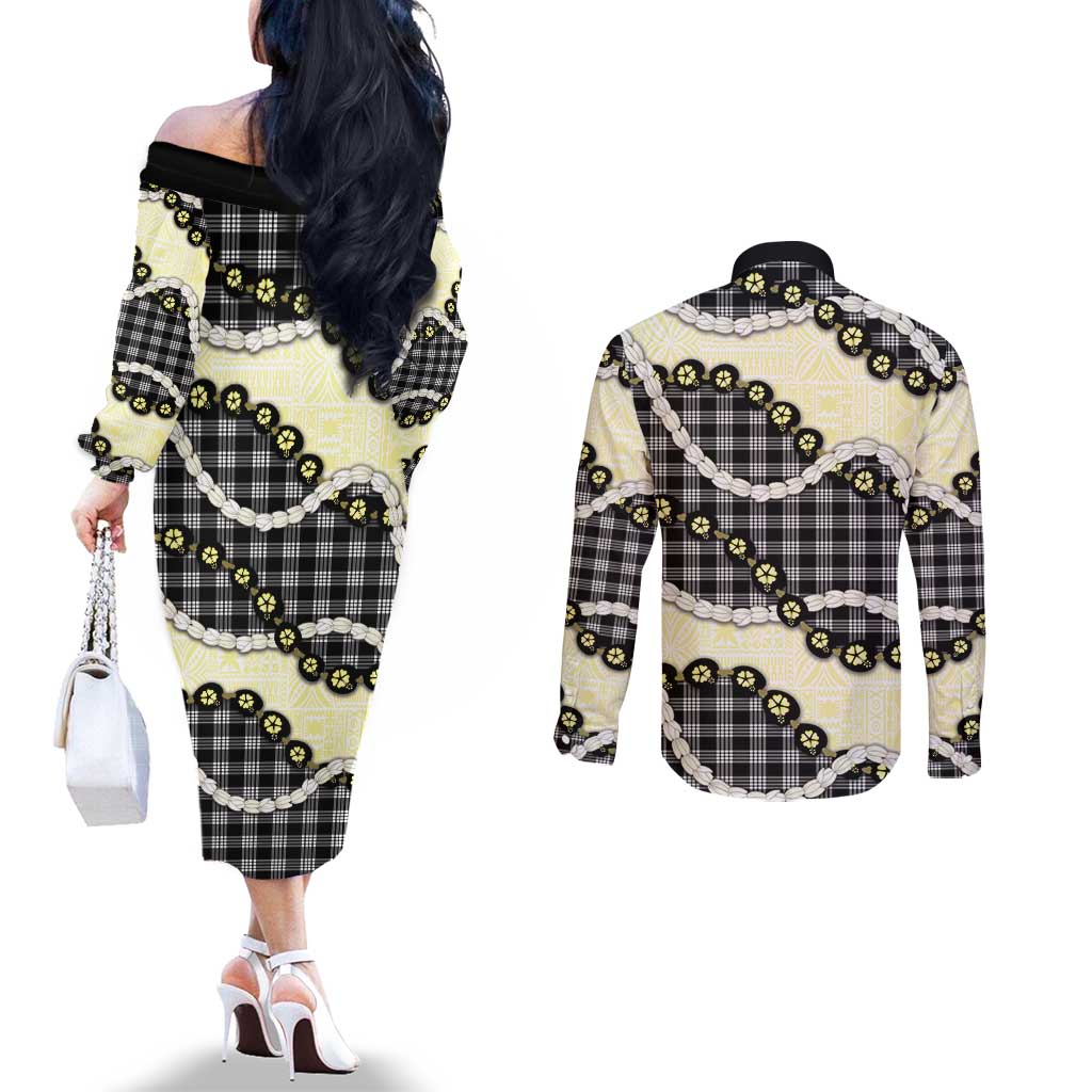 Black Palaka Hawaii Couples Matching Off The Shoulder Long Sleeve Dress and Long Sleeve Button Shirt Kukui Nut Pikake Lei Hawaiian Tapa Pattern - Polynesian Pride