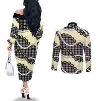 Black Palaka Hawaii Couples Matching Off The Shoulder Long Sleeve Dress and Long Sleeve Button Shirt Kukui Nut Pikake Lei Hawaiian Tapa Pattern - Polynesian Pride