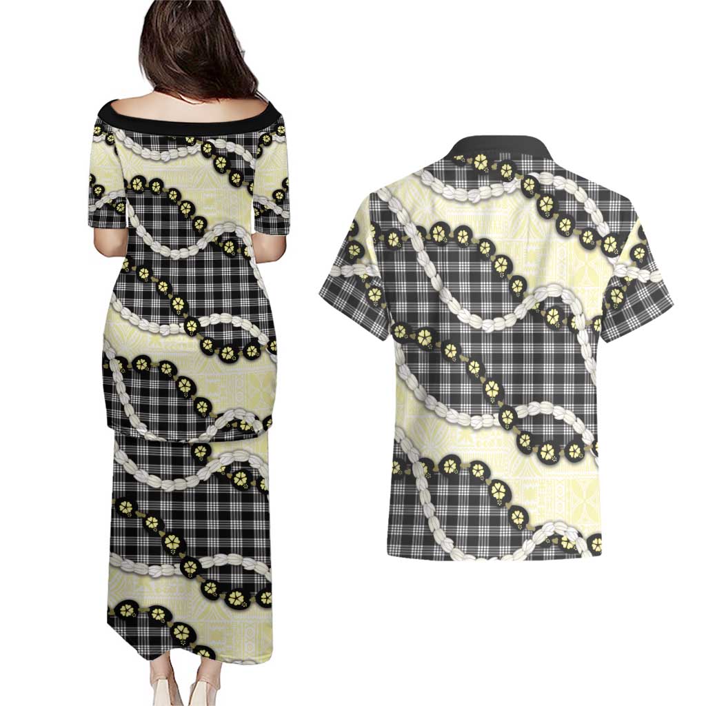 Black Palaka Hawaii Couples Matching Puletasi and Hawaiian Shirt Kukui Nut Pikake Lei Hawaiian Tapa Pattern LT14 - Polynesian Pride