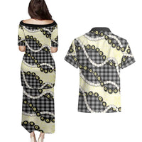 Black Palaka Hawaii Couples Matching Puletasi and Hawaiian Shirt Kukui Nut Pikake Lei Hawaiian Tapa Pattern LT14 - Polynesian Pride