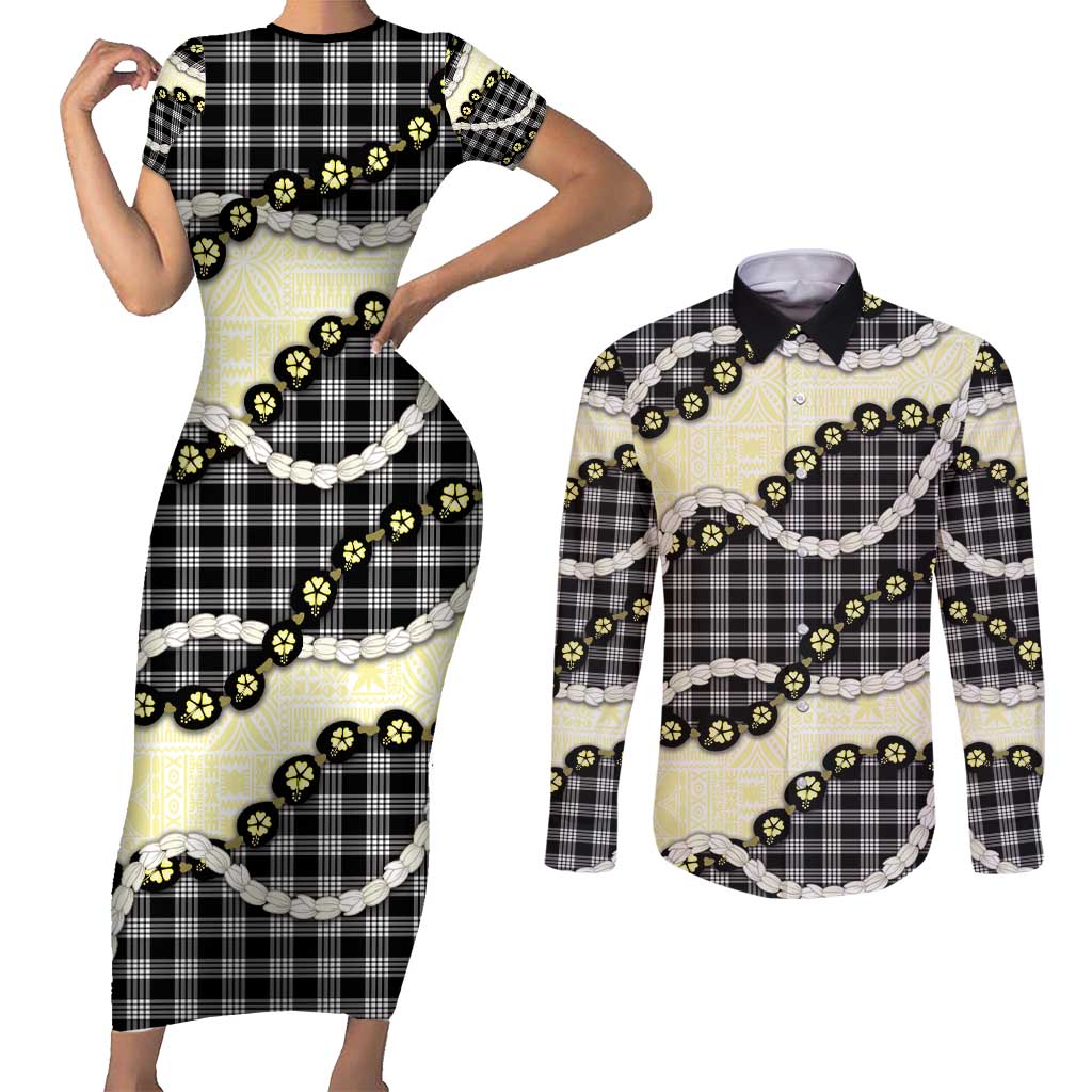 Black Palaka Hawaii Couples Matching Short Sleeve Bodycon Dress and Long Sleeve Button Shirt Kukui Nut Pikake Lei Hawaiian Tapa Pattern - Polynesian Pride