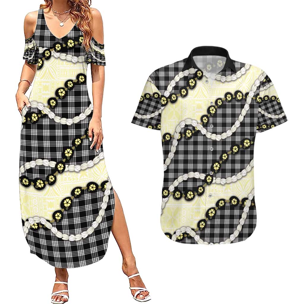 Black Palaka Hawaii Couples Matching Summer Maxi Dress and Hawaiian Shirt Kukui Nut Pikake Lei Hawaiian Tapa Pattern - Polynesian Pride