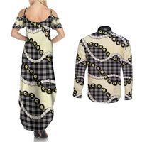 Black Palaka Hawaii Couples Matching Summer Maxi Dress and Long Sleeve Button Shirt Kukui Nut Pikake Lei Hawaiian Tapa Pattern - Polynesian Pride