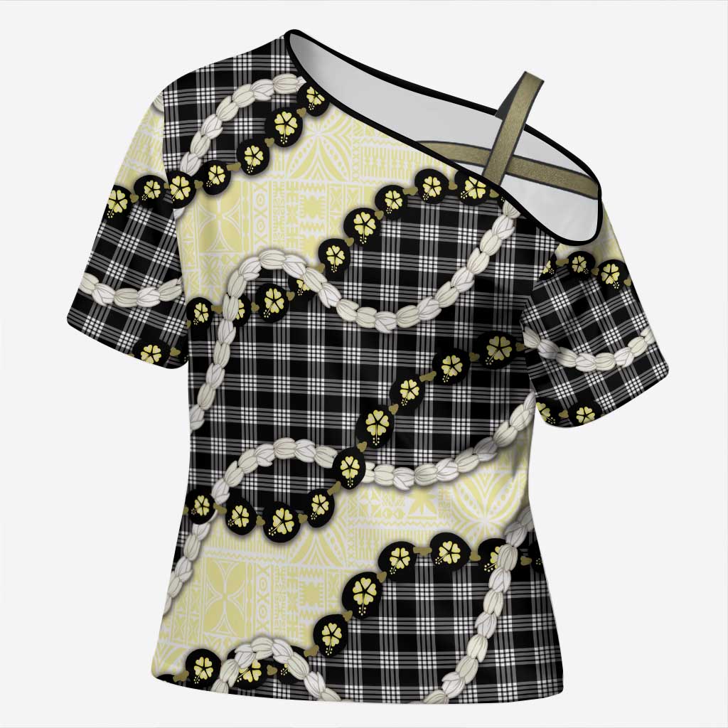 Black Palaka Hawaii Cross Shoulder Shirt Kukui Nut Pikake Lei Hawaiian Tapa Pattern LT14 Female Black - Polynesian Pride