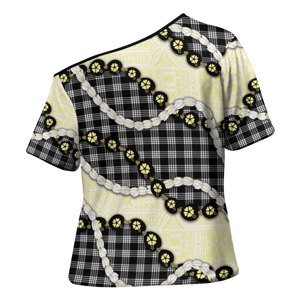 Black Palaka Hawaii Cross Shoulder Shirt Kukui Nut Pikake Lei Hawaiian Tapa Pattern LT14 - Polynesian Pride