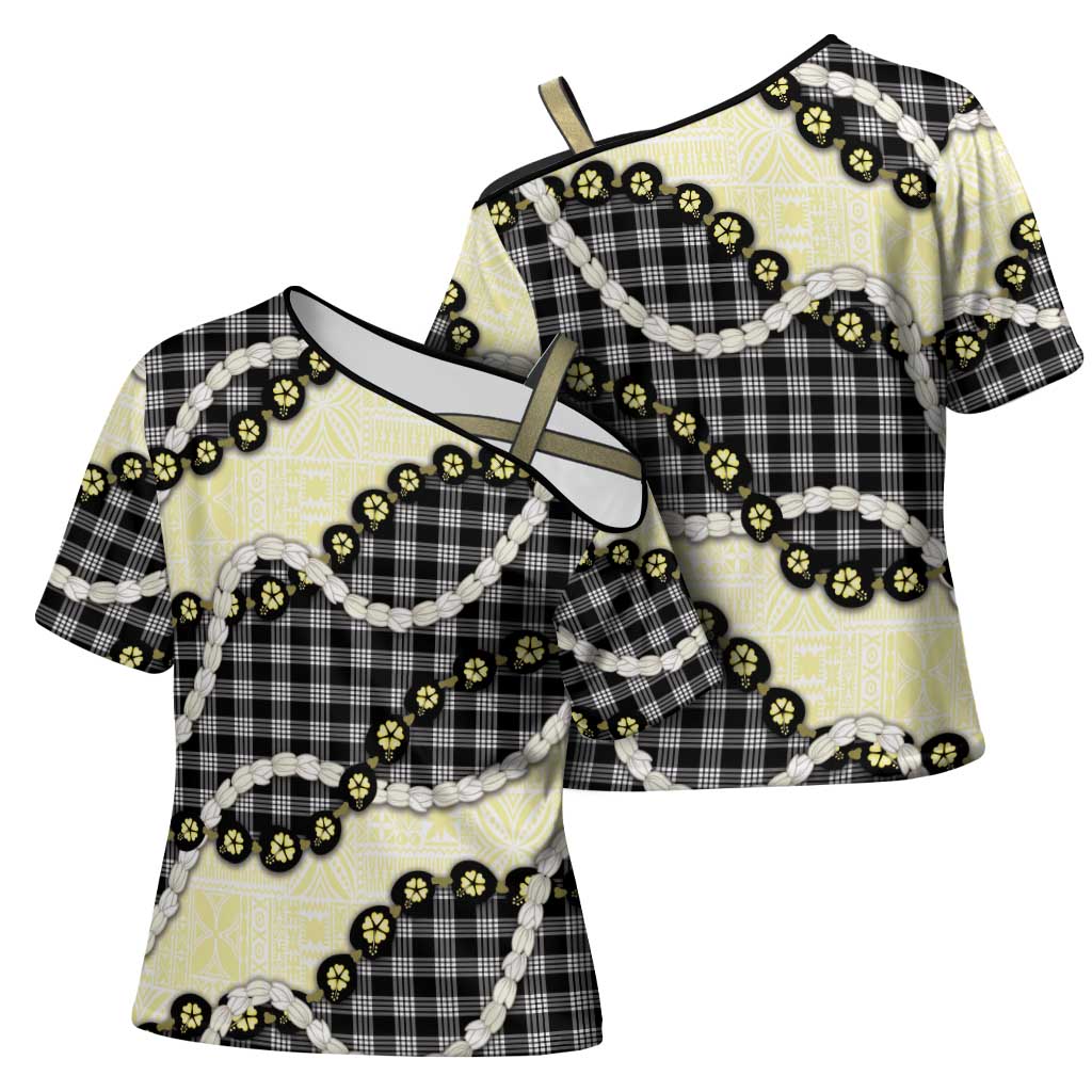 Black Palaka Hawaii Cross Shoulder Shirt Kukui Nut Pikake Lei Hawaiian Tapa Pattern LT14 - Polynesian Pride