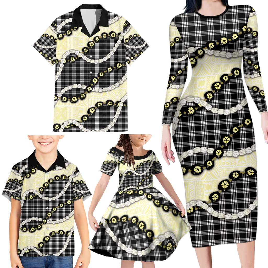 Black Palaka Hawaii Family Matching Long Sleeve Bodycon Dress and Hawaiian Shirt Kukui Nut Pikake Lei Hawaiian Tapa Pattern - Polynesian Pride