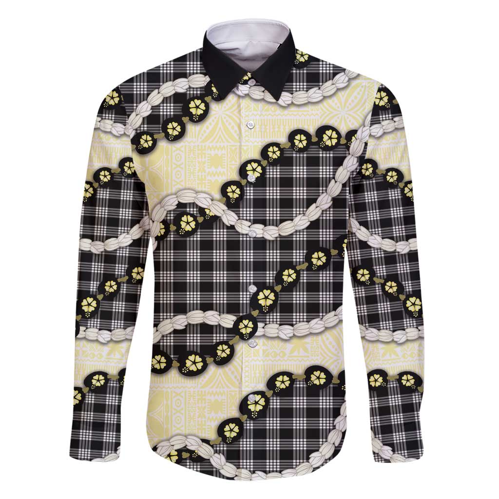 Black Palaka Hawaii Family Matching Long Sleeve Bodycon Dress and Hawaiian Shirt Kukui Nut Pikake Lei Hawaiian Tapa Pattern - Polynesian Pride