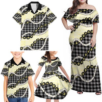 Black Palaka Hawaii Family Matching Off Shoulder Maxi Dress and Hawaiian Shirt Kukui Nut Pikake Lei Hawaiian Tapa Pattern - Polynesian Pride
