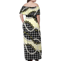 Black Palaka Hawaii Family Matching Off Shoulder Maxi Dress and Hawaiian Shirt Kukui Nut Pikake Lei Hawaiian Tapa Pattern - Polynesian Pride