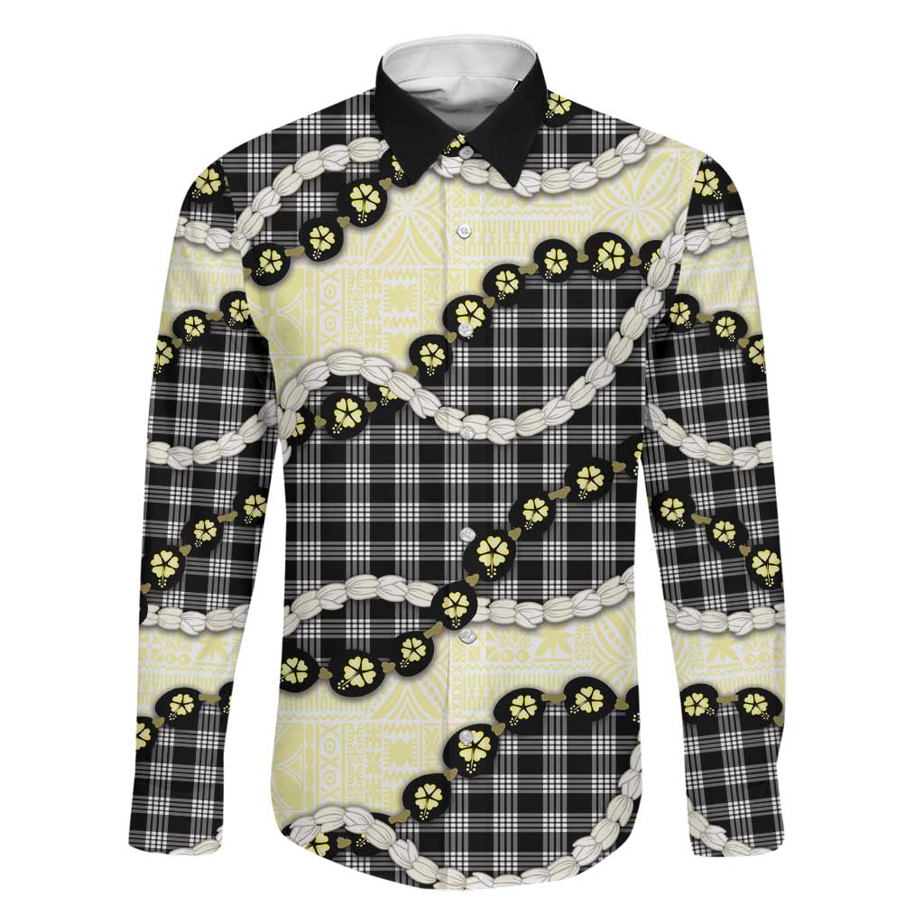Black Palaka Hawaii Family Matching Puletasi and Hawaiian Shirt Kukui Nut Pikake Lei Hawaiian Tapa Pattern LT14 Dad's Shirt - Long Sleeve Black - Polynesian Pride