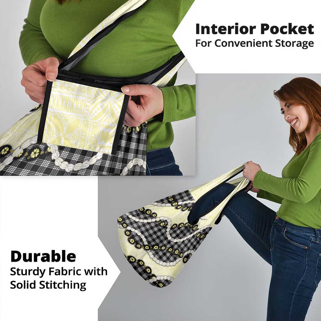 Black Palaka Hawaii Grocery Bag Kukui Nut Pikake Lei Hawaiian Tapa Pattern - Polynesian Pride