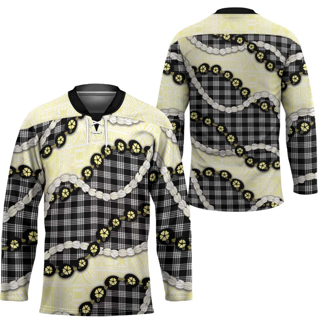 Black Palaka Hawaii Hockey Jersey Kukui Nut Pikake Lei Hawaiian Tapa Pattern - Polynesian Pride