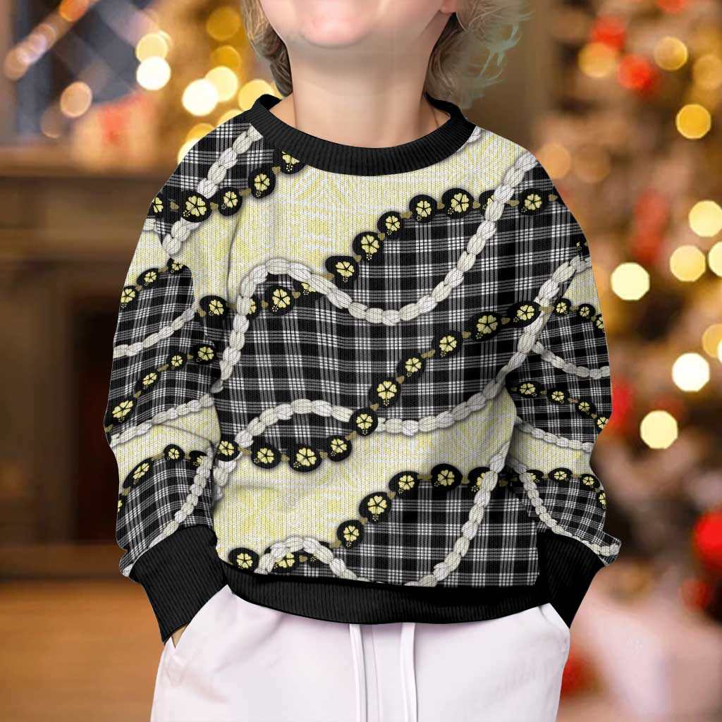 Black Palaka Hawaii Kid Ugly Christmas Sweater Kukui Nut Pikake Lei Hawaiian Tapa Pattern LT14 - Polynesian Pride