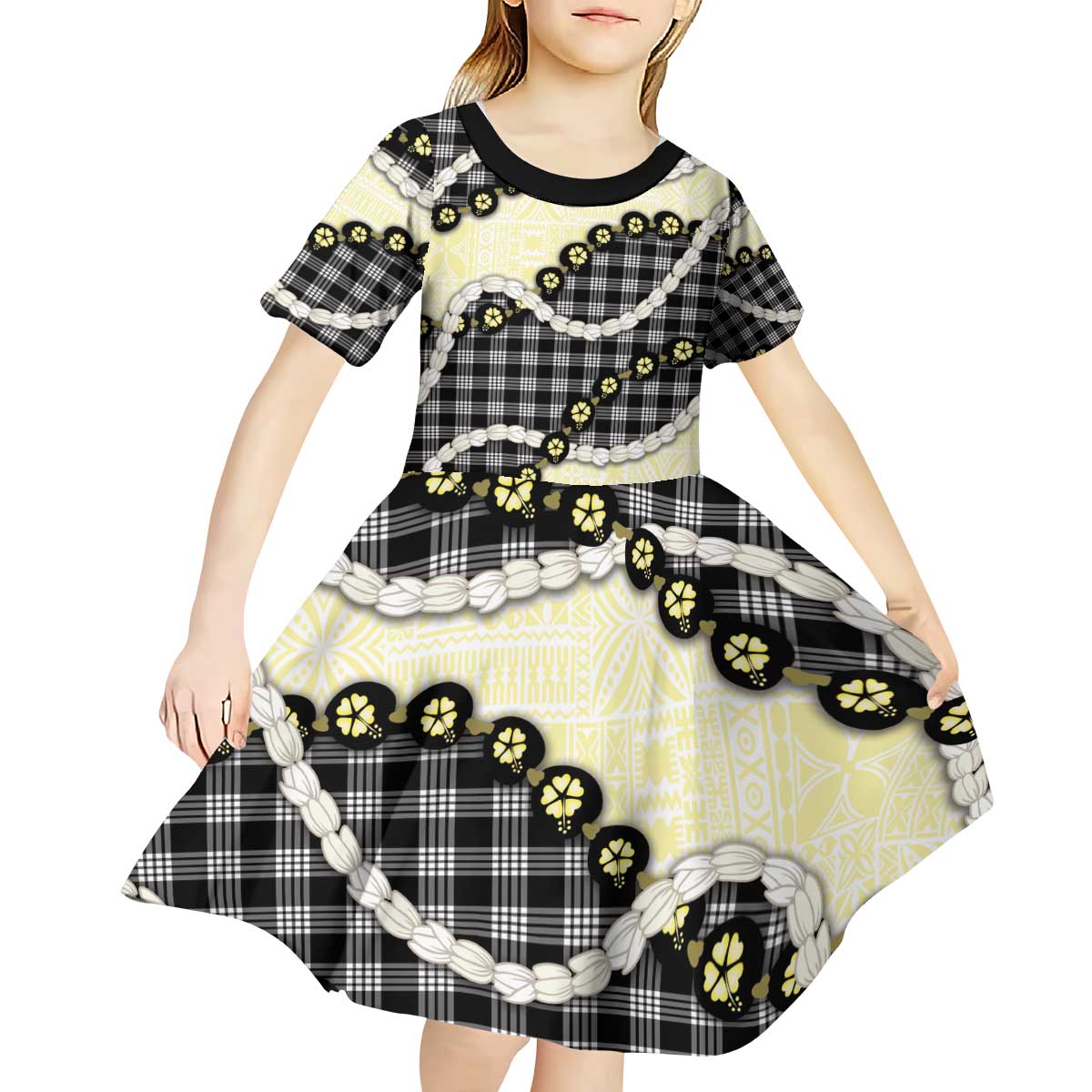 Black Palaka Hawaii Kid Short Sleeve Dress Kukui Nut Pikake Lei Hawaiian Tapa Pattern - Polynesian Pride