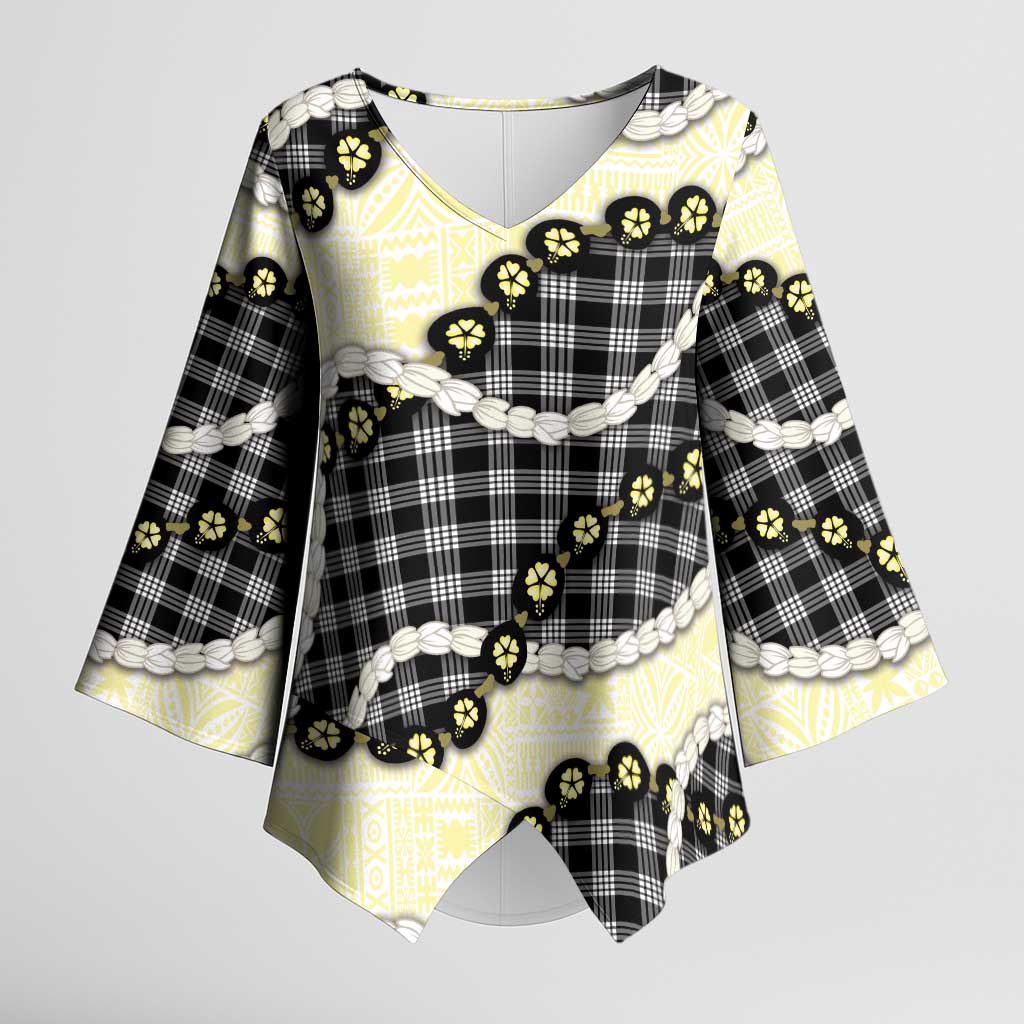 Black Palaka Hawaii Kimono Sleeve Blouse Kukui Nut Pikake Lei Hawaiian Tapa Pattern LT14 Female Black - Polynesian Pride