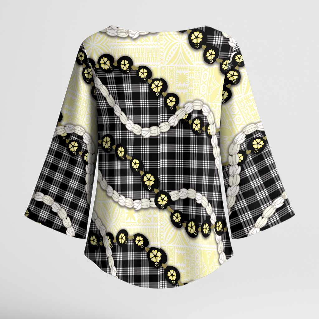 Black Palaka Hawaii Kimono Sleeve Blouse Kukui Nut Pikake Lei Hawaiian Tapa Pattern LT14 - Polynesian Pride