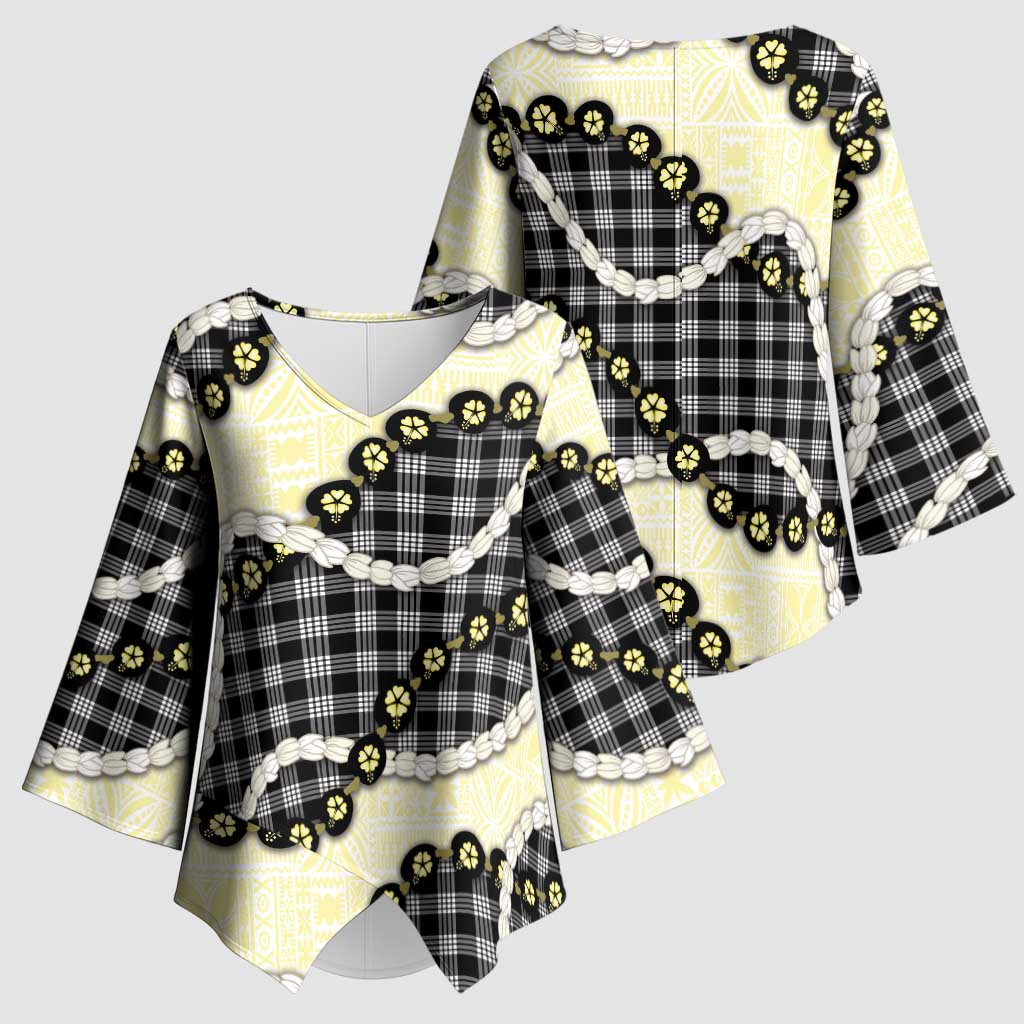 Black Palaka Hawaii Kimono Sleeve Blouse Kukui Nut Pikake Lei Hawaiian Tapa Pattern LT14 - Polynesian Pride