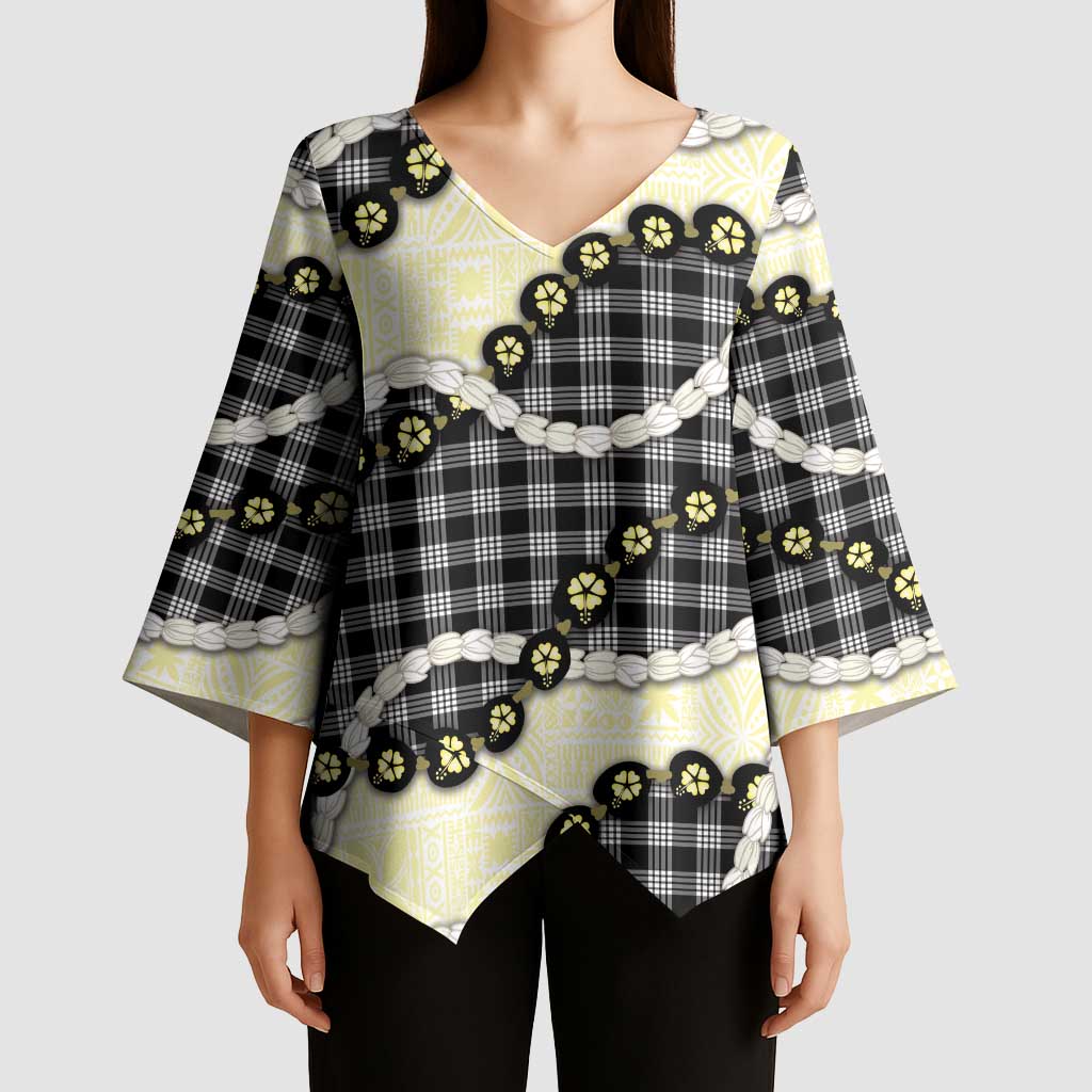 Black Palaka Hawaii Kimono Sleeve Blouse Kukui Nut Pikake Lei Hawaiian Tapa Pattern LT14 - Polynesian Pride
