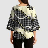 Black Palaka Hawaii Kimono Sleeve Blouse Kukui Nut Pikake Lei Hawaiian Tapa Pattern LT14 - Polynesian Pride