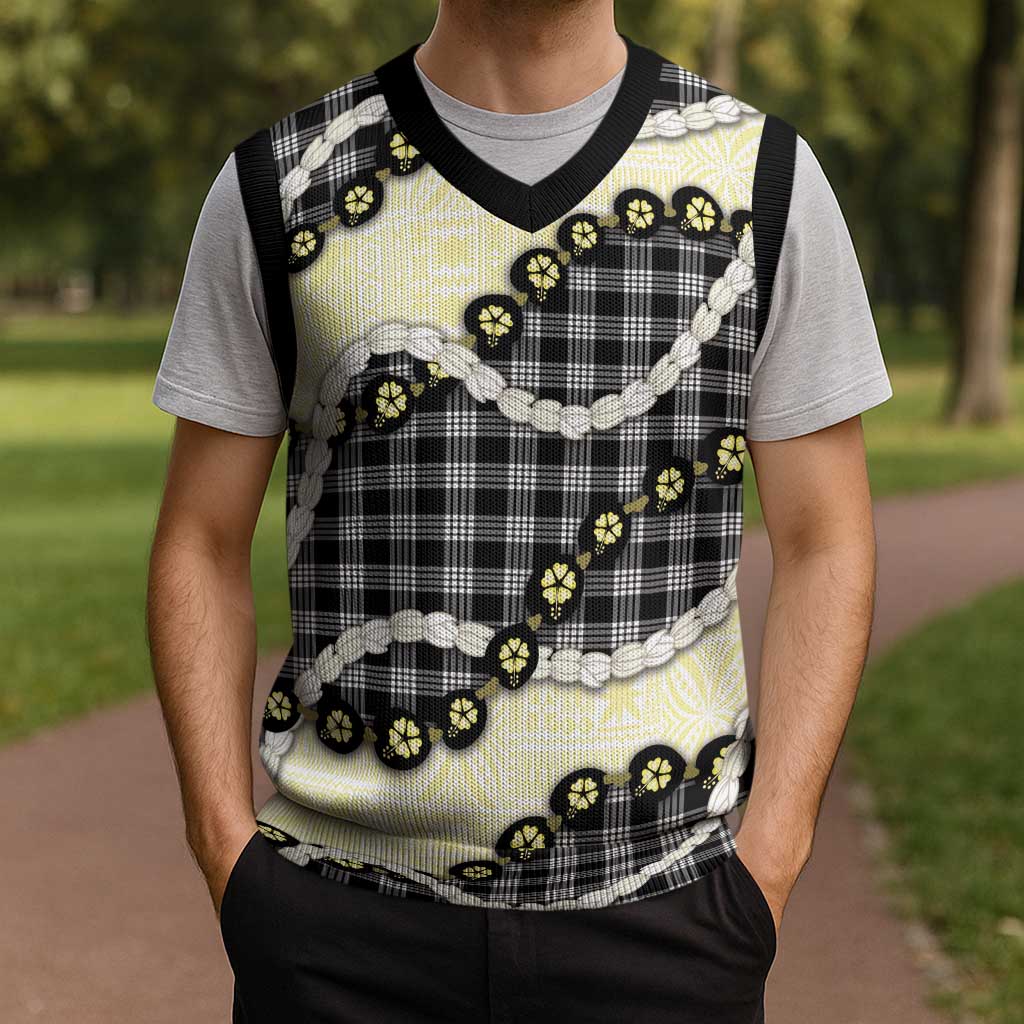 Black Palaka Hawaii Christmas Knitted V-Neck Vest Kukui Nut Pikake Lei Hawaiian Tapa Pattern LT14 - Polynesian Pride