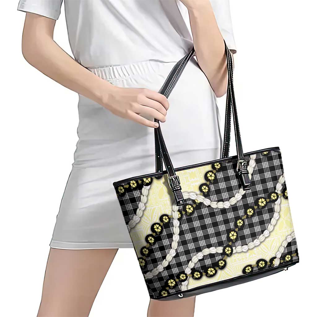 Black Palaka Hawaii Leather Tote Bag Kukui Nut Pikake Lei Hawaiian Tapa Pattern - Polynesian Pride