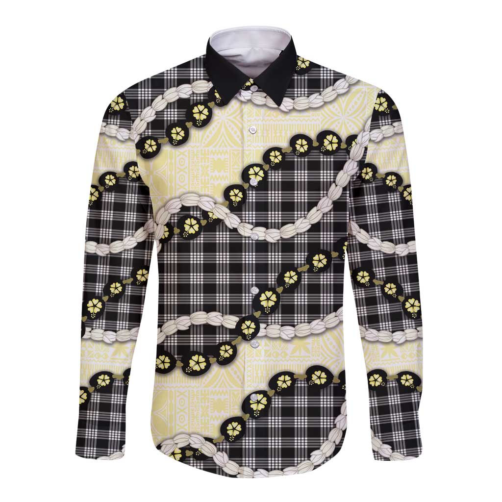 Black Palaka Hawaii Long Sleeve Button Shirt Kukui Nut Pikake Lei Hawaiian Tapa Pattern LT14 Unisex Black - Polynesian Pride