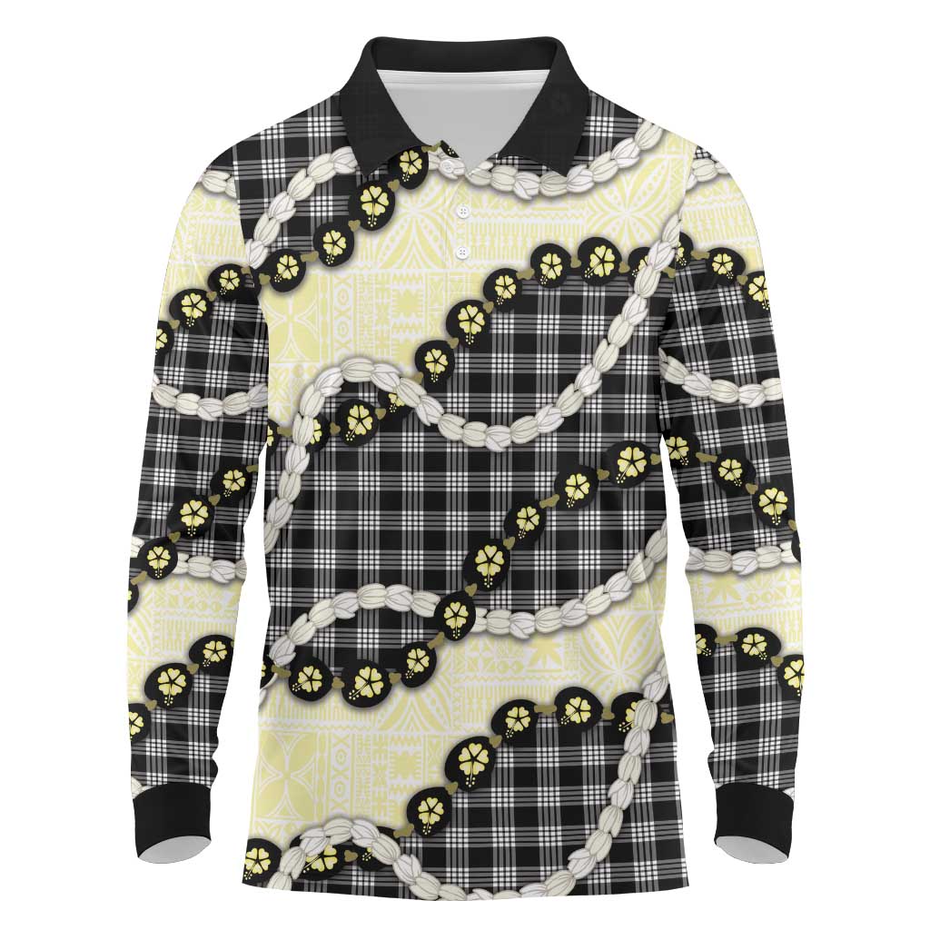 Black Palaka Hawaii Long Sleeve Polo Shirt Kukui Nut Pikake Lei Hawaiian Tapa Pattern LT14 Black - Polynesian Pride