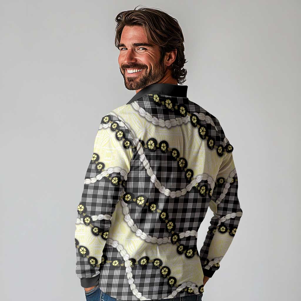 Black Palaka Hawaii Long Sleeve Polo Shirt Kukui Nut Pikake Lei Hawaiian Tapa Pattern LT14 - Polynesian Pride