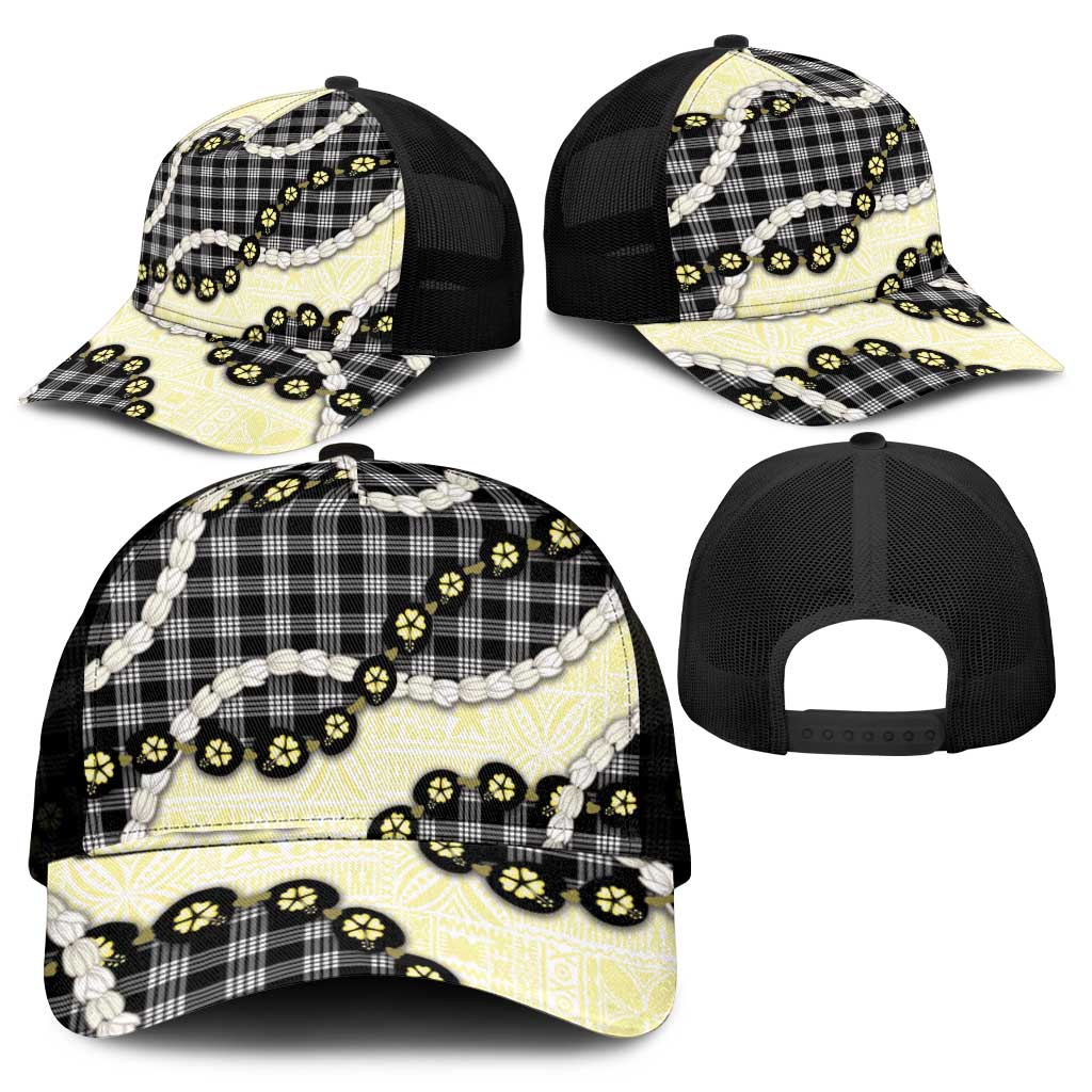 Black Palaka Hawaii Mesh Trucker Cap Kukui Nut Pikake Lei Hawaiian Tapa Pattern - Polynesian Pride